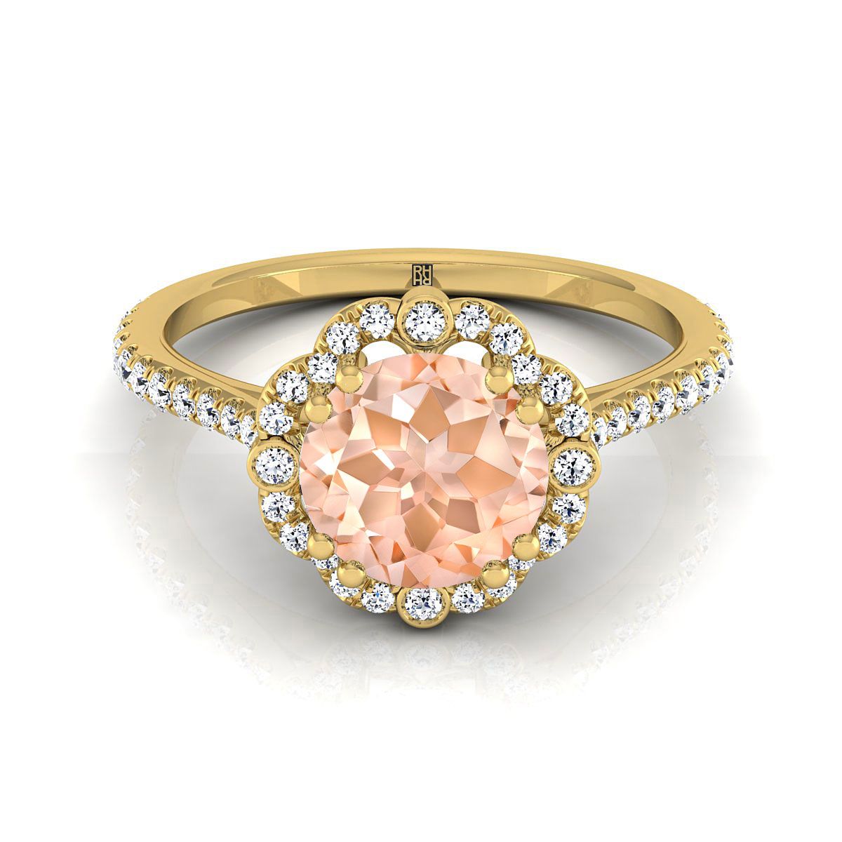 18K สีเหลืองทอง Round Brilliant Morganite Ornate Diamond Halo Vintage แรงบันดาลใจแหวนหมั้น -1/4ctw