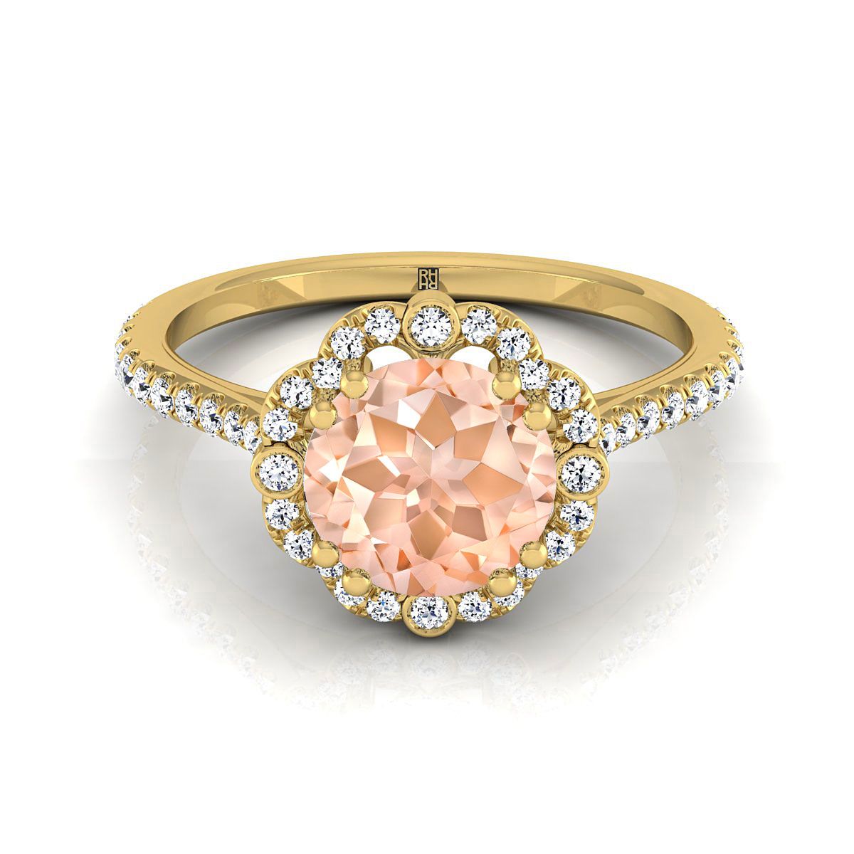 14K Yellow Gold Round Brilliant Antique Delicate Beaded Floral Halo and Leaf Engagement Ring -1/2ctw