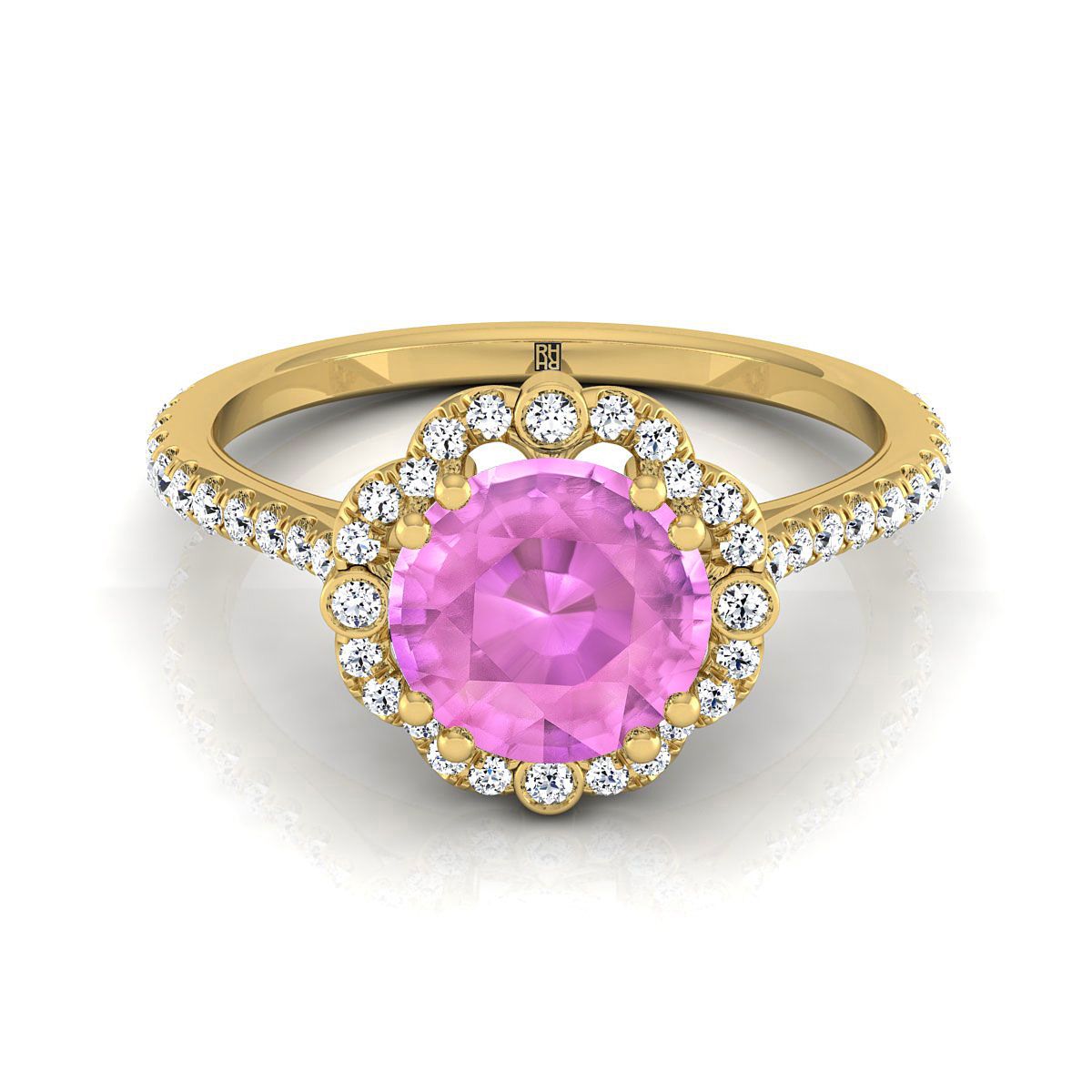 14K Yellow Gold Round Brilliant Antique Delicate Beaded Floral Halo and Leaf Engagement Ring -1/2ctw
