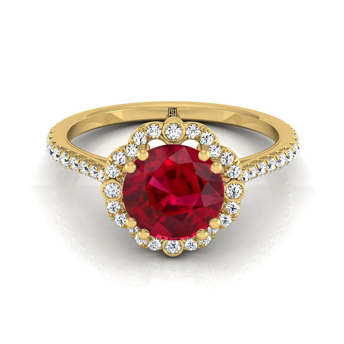 18K สีเหลืองทอง Round Brilliant Ruby Ornate Diamond Halo Vintage แรงบันดาลใจแหวนหมั้น -1/4ctw