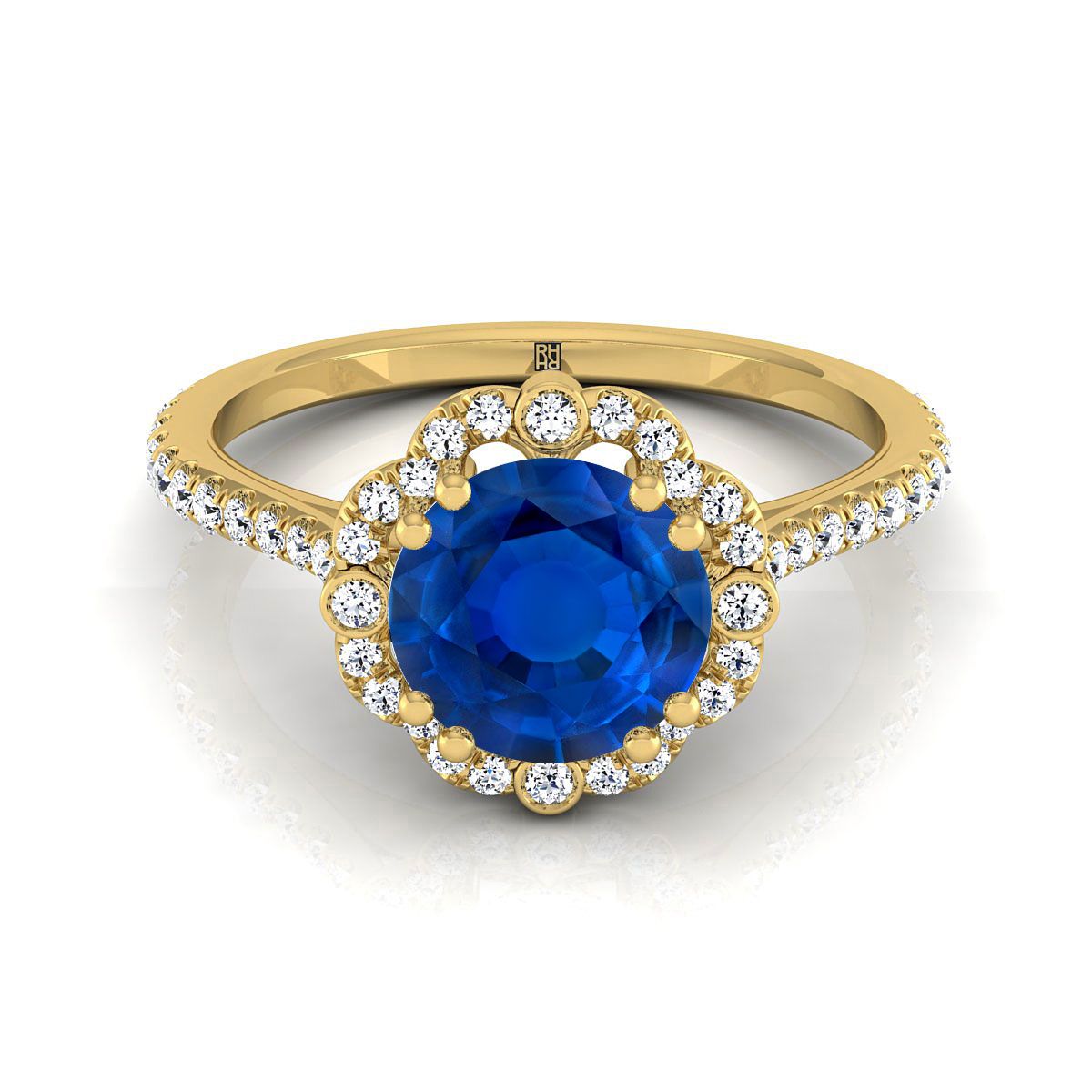 18K Yellow Gold Round Brilliant Antique Delicate Beaded Floral Halo and Leaf Engagement Ring -3/8ctw