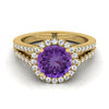 14K สีเหลืองทอง Round Brilliant Amethyst Halo Center พร้อมแหวนหมั้น French Pave Split Shank -3/8ctw