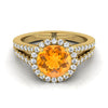 14K สีเหลืองทอง Round Brilliant Citrine Halo Center พร้อมแหวนหมั้น French Pave Split Shank -3/8ctw