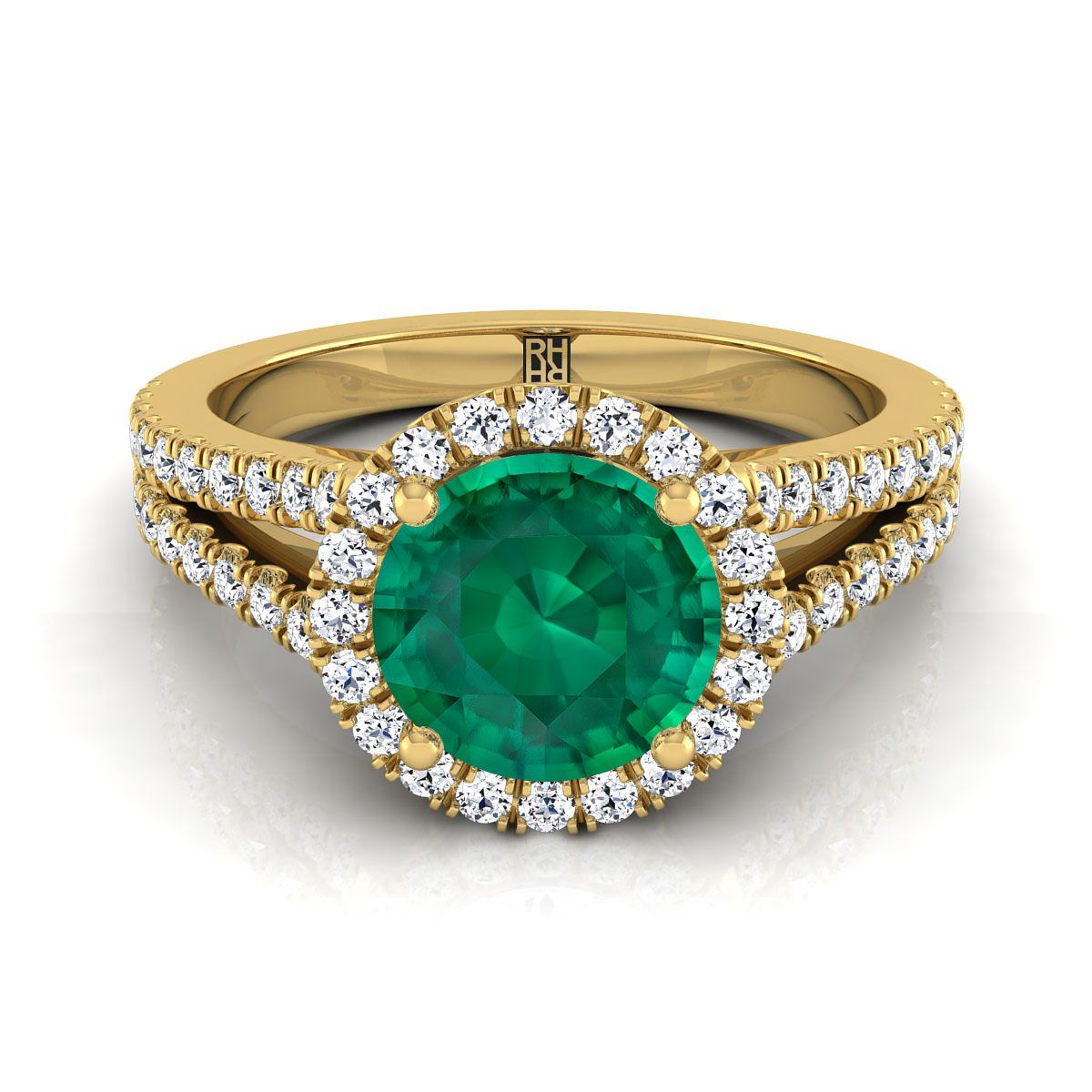 14K Yellow Gold Round Brilliant Emerald Halo Center with French Pave Split Shank Engagement Ring -3/8ctw