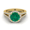 14K สีเหลืองทอง Round Brilliant Emerald Halo Center พร้อมแหวนหมั้น French Pave Split Shank -3/8ctw