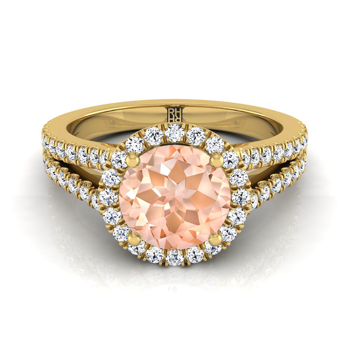 18K สีเหลืองทอง Round Brilliant Morganite Halo Center พร้อมแหวนหมั้น French Pave Split Shank -3/8ctw