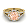 14K สีเหลืองทอง Round Brilliant Morganite Halo Center พร้อมแหวนหมั้น French Pave Split Shank -3/8ctw