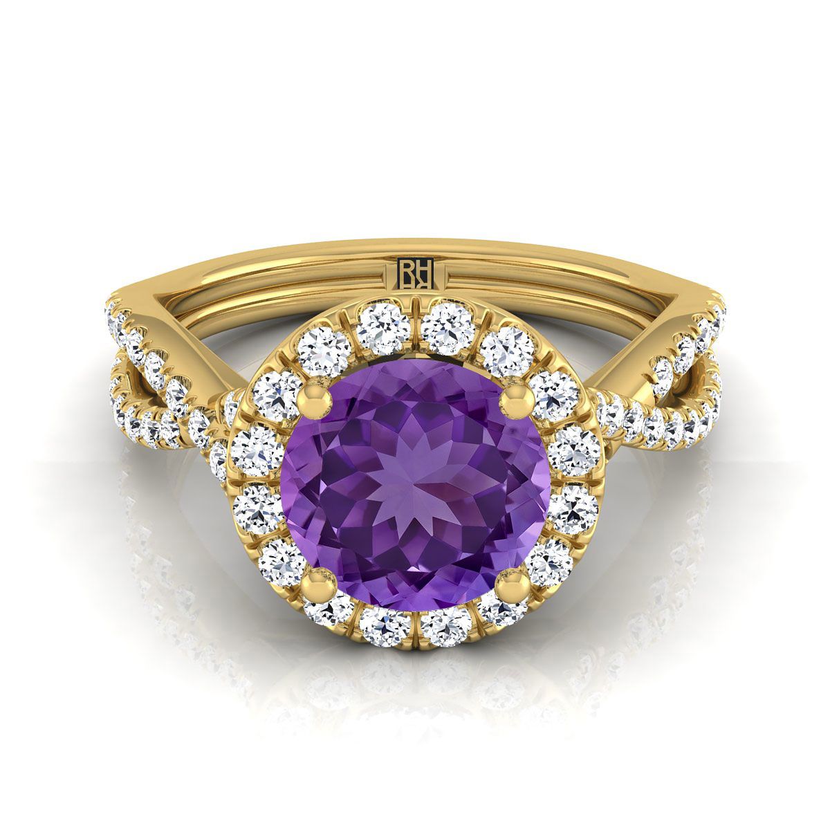 18K สีเหลืองทอง Round Brilliant Amethyst Twisted Scalloped Pavé Diamonds แหวนหมั้น Halo -1/2ctw