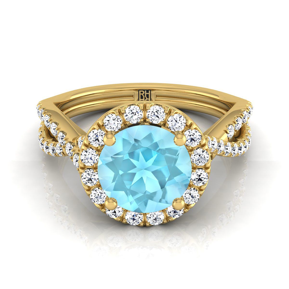 14K Yellow Gold Round Brilliant Aquamarine  Twisted Scalloped Pavé Diamonds Halo Engagement Ring -1/2ctw