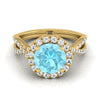 18K สีเหลืองทอง Round Brilliant Aquamarine Twisted Scalloped Pavé Diamonds แหวนหมั้น Halo -1/2ctw