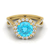 14K สีเหลืองทอง Round Brilliant Swiss Blue Topaz Twisted Scalloped Pavé เพชร Halo แหวนหมั้น -1/2ctw