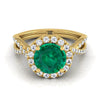 14K Yellow Gold Round Brilliant Emerald  Twisted Scalloped Pavé Diamonds Halo Engagement Ring -1/2ctw