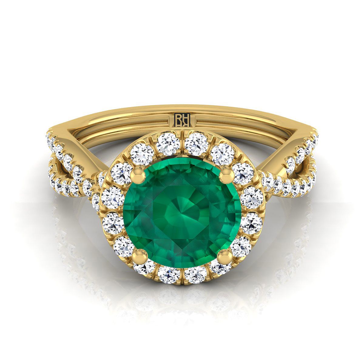 18K สีเหลืองทอง Round Brilliant Emerald Twisted Scalloped Pavé Diamonds แหวนหมั้น Halo -1/2ctw