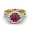 14K สีเหลืองทอง Round Brilliant Garnet Twisted Scalloped Pavé Diamonds แหวนหมั้น Halo -1/2ctw