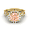 14K สีเหลืองทอง Round Brilliant Morganite Twisted Scalloped Pavé Diamonds แหวนหมั้น Halo -1/2ctw