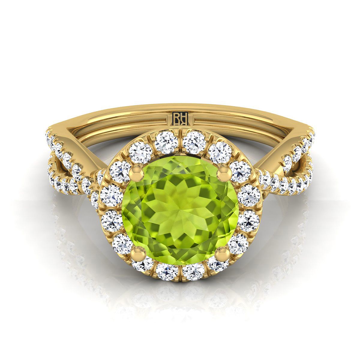 14K สีเหลืองทอง Round Brilliant Peridot Twisted Scalloped Pavé Diamonds แหวนหมั้น Halo -1/2ctw