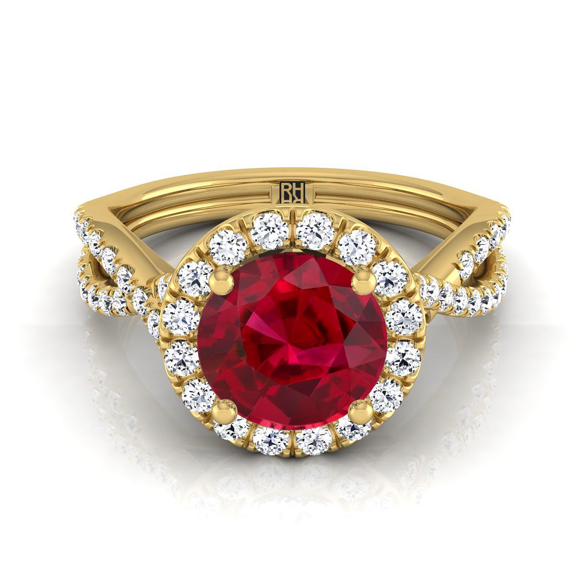 18K สีเหลืองทอง Round Brilliant Ruby Twisted Scalloped Pavé Diamonds แหวนหมั้น Halo -1/2ctw