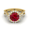 14K สีเหลืองทอง Round Brilliant Ruby Twisted Scalloped Pavé Diamonds แหวนหมั้น Halo -1/2ctw