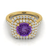 18K สีเหลืองทอง Round Brilliant Amethyst Double Halo พร้อมแหวนหมั้นเพชร Pavé แบบสแกลลอป -1/2ctw