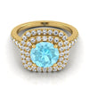 18K สีเหลืองทอง Round Brilliant Aquamarine Double Halo พร้อมแหวนหมั้นเพชร Pavé แบบสแกลลอป -1/2ctw