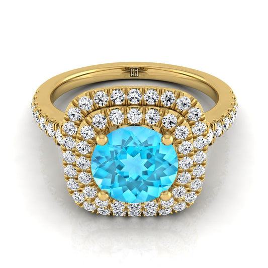 14K สีเหลืองทอง Round Brilliant Swiss Blue Topaz Double Halo พร้อมแหวนหมั้นเพชร Pavé แบบสแกลลอป -1/2ctw