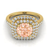 18K สีเหลืองทอง Round Brilliant Morganite Double Halo พร้อมแหวนหมั้นเพชร Pavé แบบสแกลลอป -1/2ctw