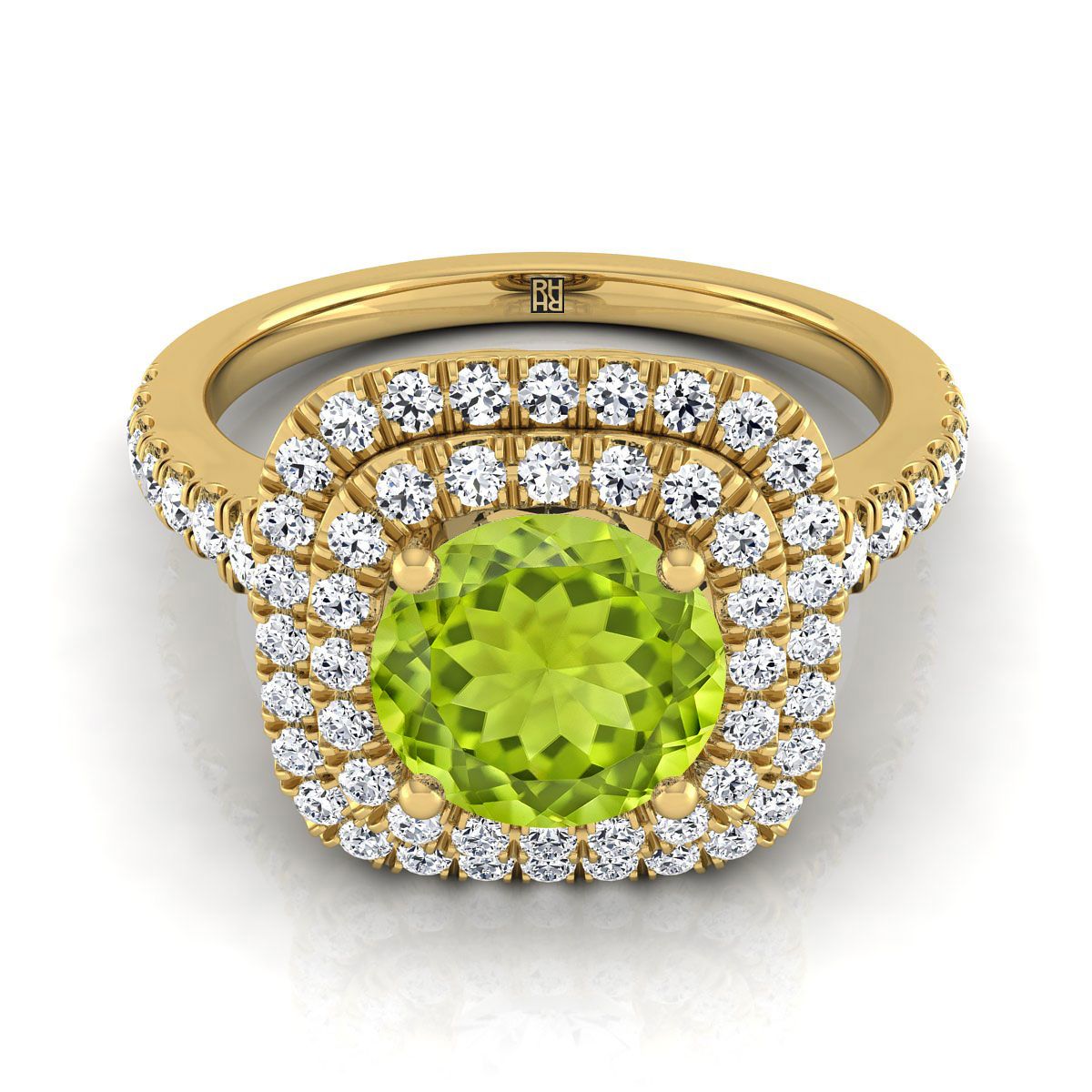 18K สีเหลืองทอง Round Brilliant Peridot Double Halo พร้อมแหวนหมั้นเพชร Pavé แบบสแกลลอป -1/2ctw