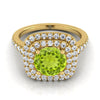 14K สีเหลืองทอง Round Brilliant Peridot Double Halo พร้อมแหวนหมั้นเพชร Pavé แบบสแกลลอป -1/2ctw