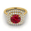 14K สีเหลืองทอง Round Brilliant Ruby Double Halo พร้อมแหวนหมั้นเพชร Pavé สแกลลอป -1/2ctw