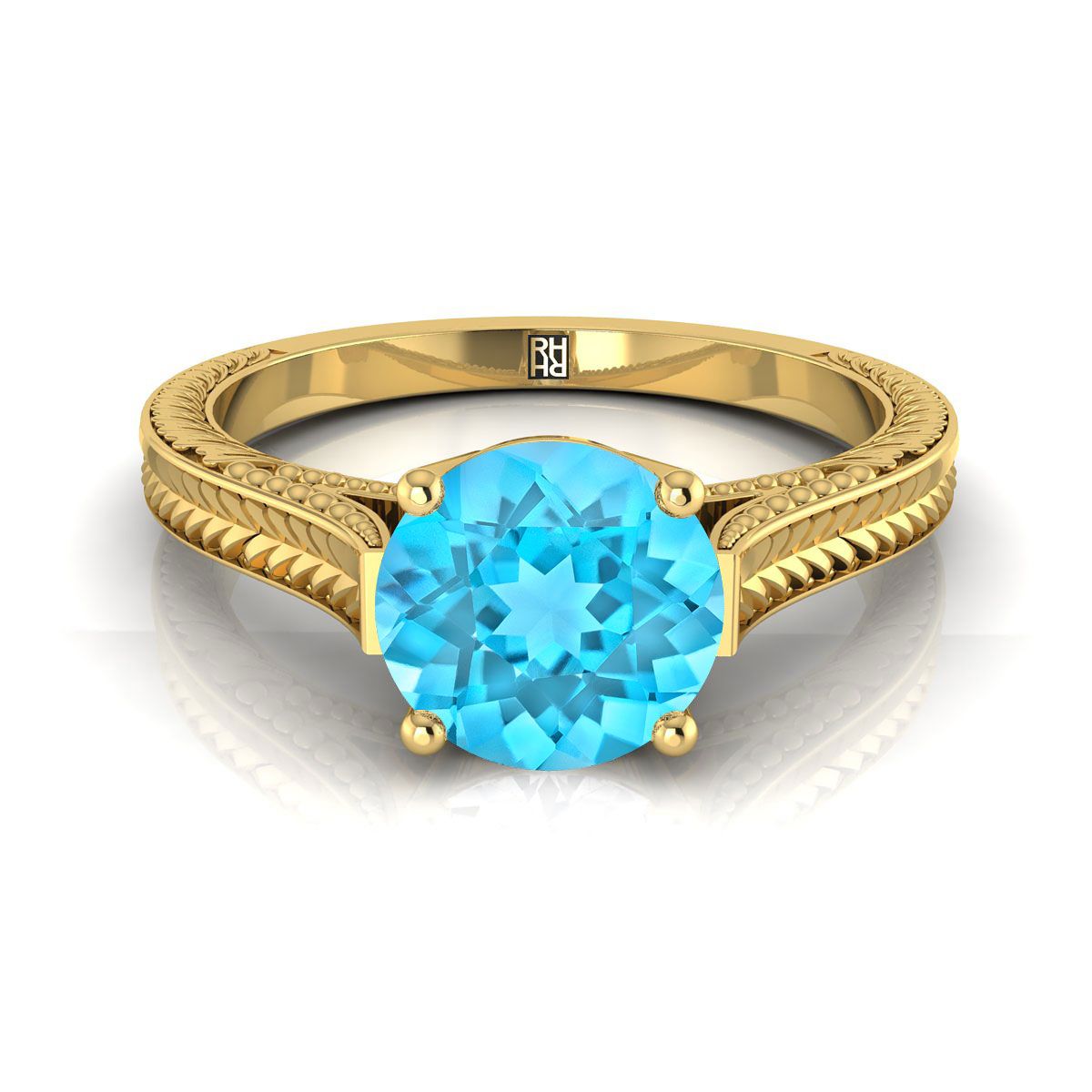 18K สีเหลืองทอง Round Brilliant Swiss Blue Topaz มือแกะสลักสไตล์วินเทจ Cathedral Solitaire แหวนหมั้น