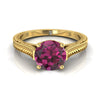 18K สีเหลืองทอง Round Brilliant Garnet มือแกะสลักสไตล์วินเทจ Cathedral Solitaire แหวนหมั้น