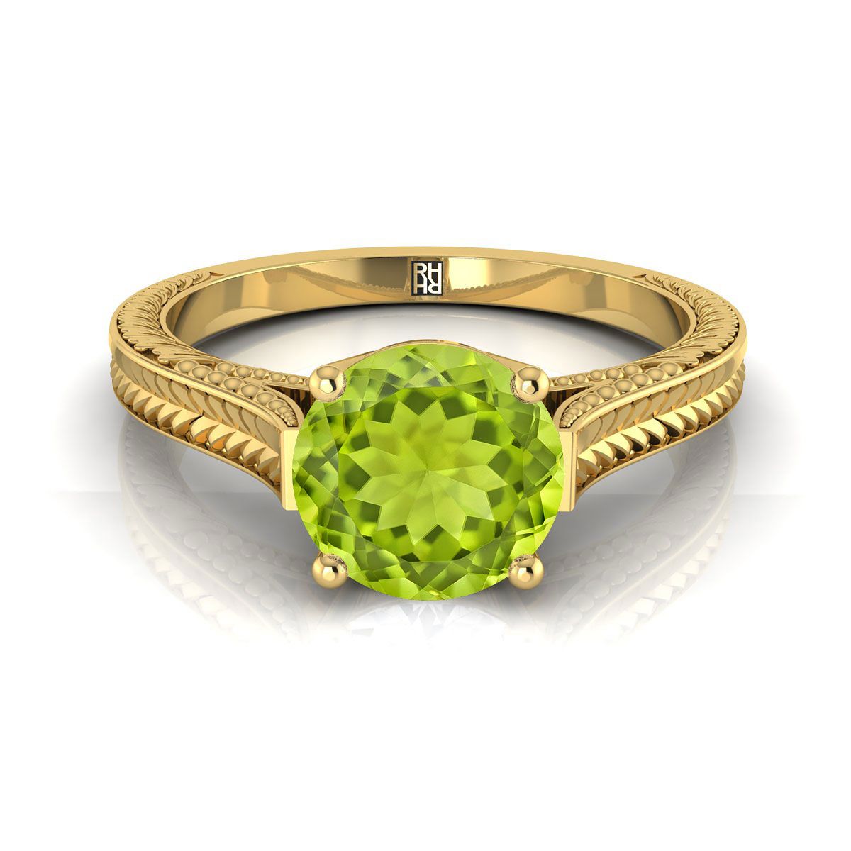 14K สีเหลืองทอง Round Brilliant Peridot มือแกะสลักสไตล์วินเทจ Cathedral Solitaire แหวนหมั้น