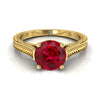 14K สีเหลืองทอง Round Brilliant Ruby มือแกะสลักสไตล์วินเทจ Cathedral Solitaire แหวนหมั้น