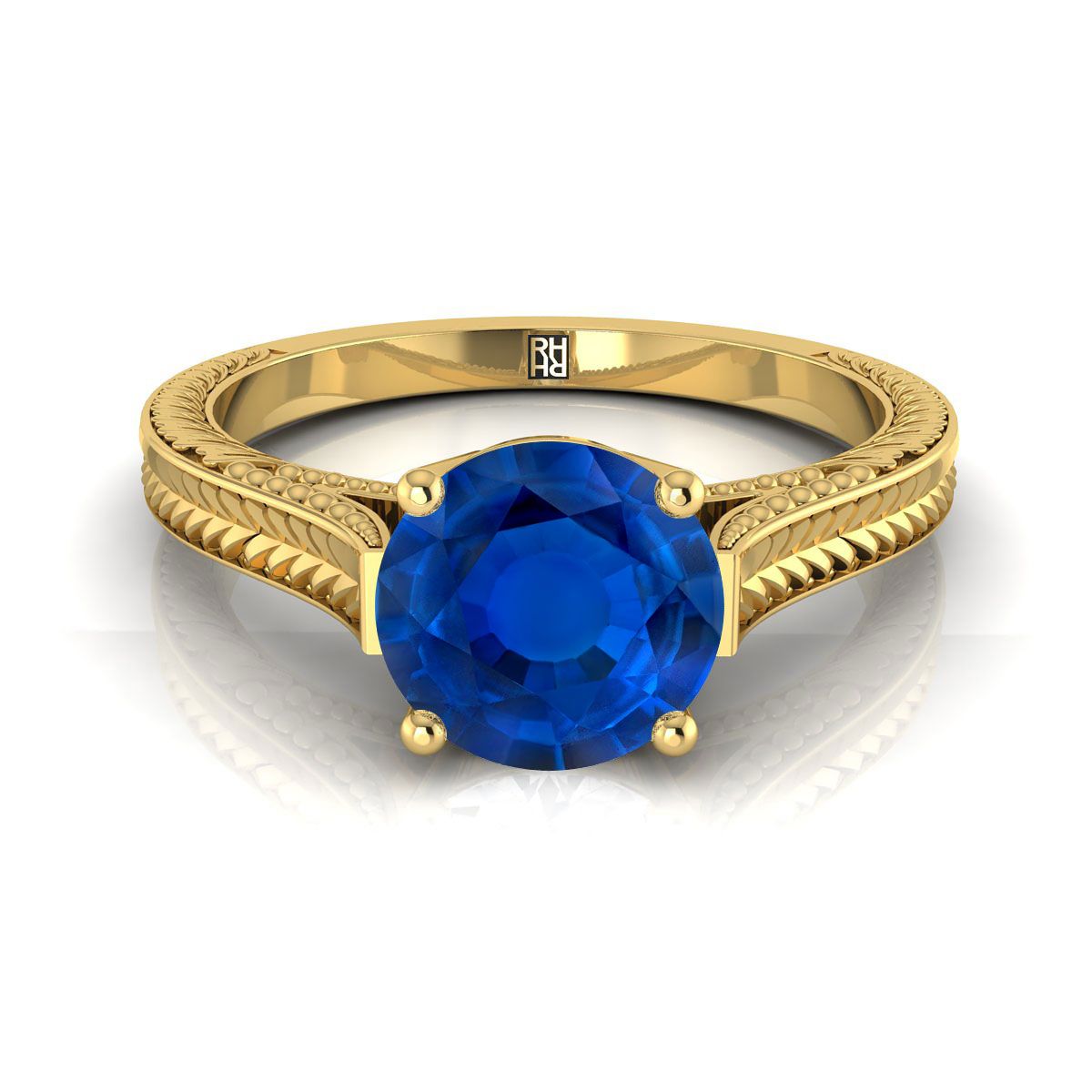 14K สีเหลืองทอง Round Brilliant Sapphire มือแกะสลักสไตล์วินเทจ Cathedral Solitaire แหวนหมั้น