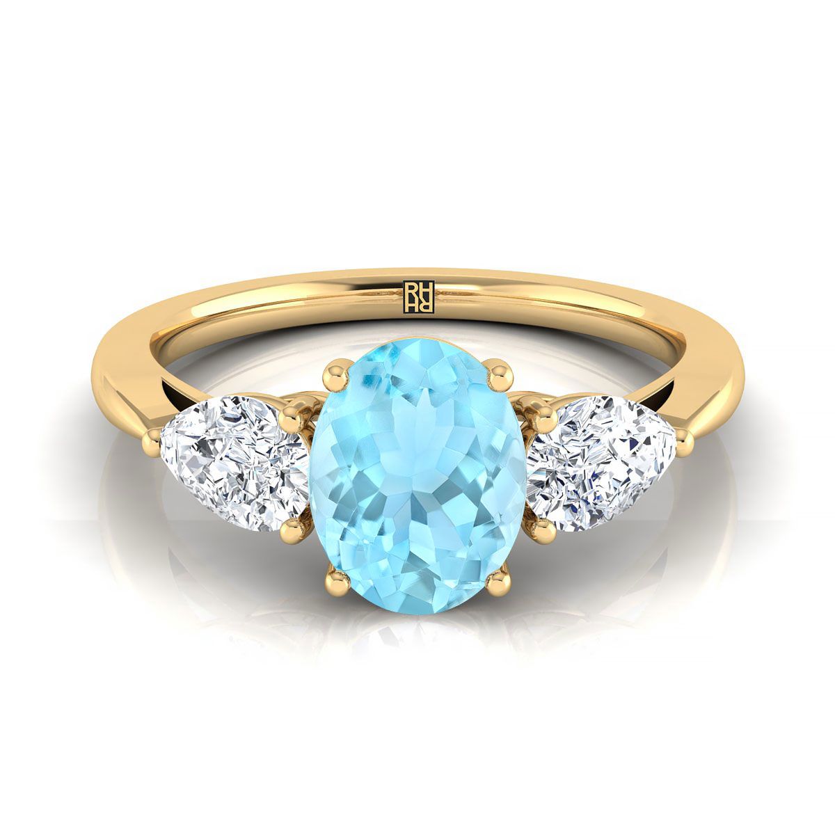 14K สีเหลืองทองรูปไข่ Aquamarine จับคู่อย่างสมบูรณ์แบบรูปลูกแพร์แหวนหมั้นเพชรสาม -7/8ctw