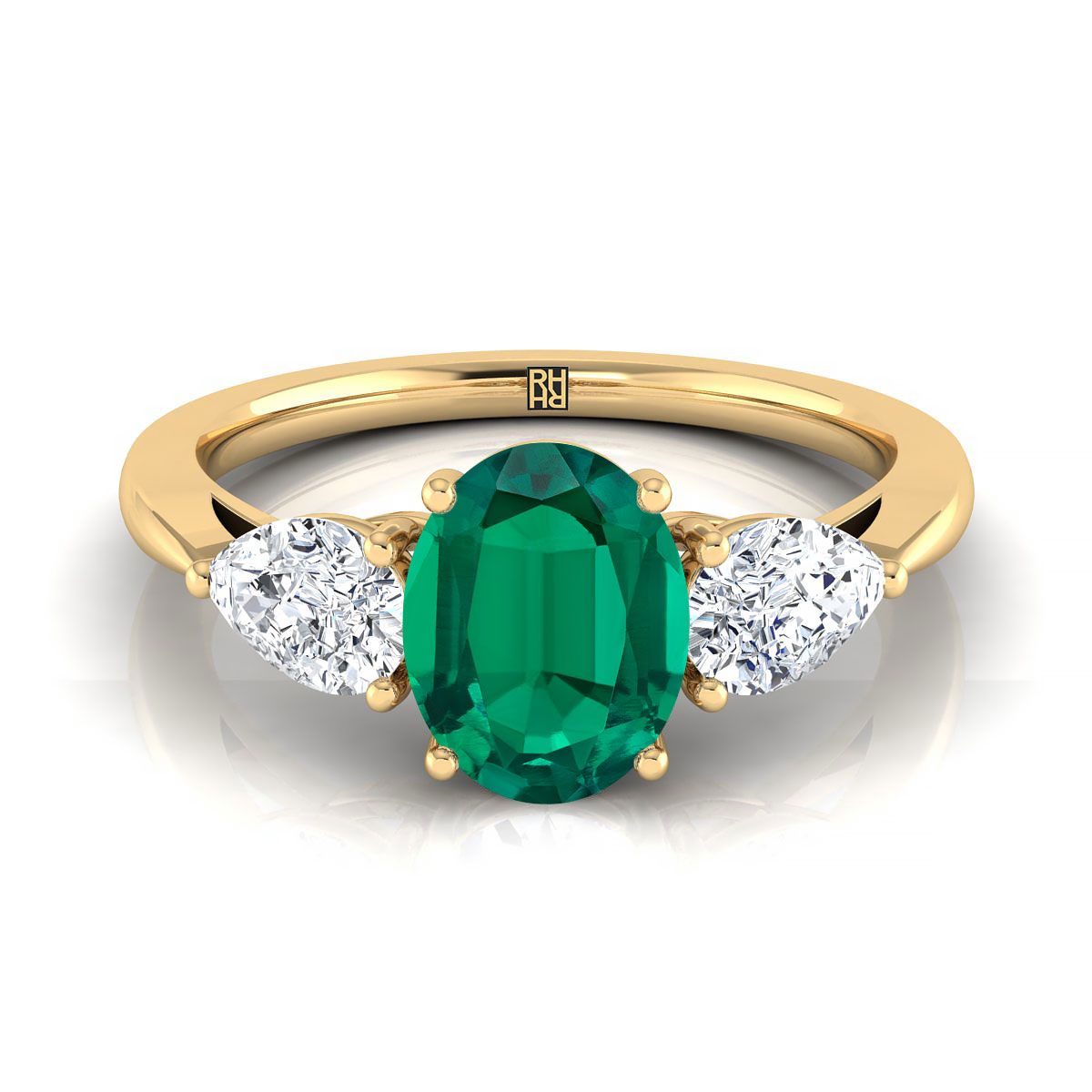 14K Yellow Gold Oval Emerald Perfectly Matched Pear Shaped Three Diamond Engagement Ring -7/8ctw