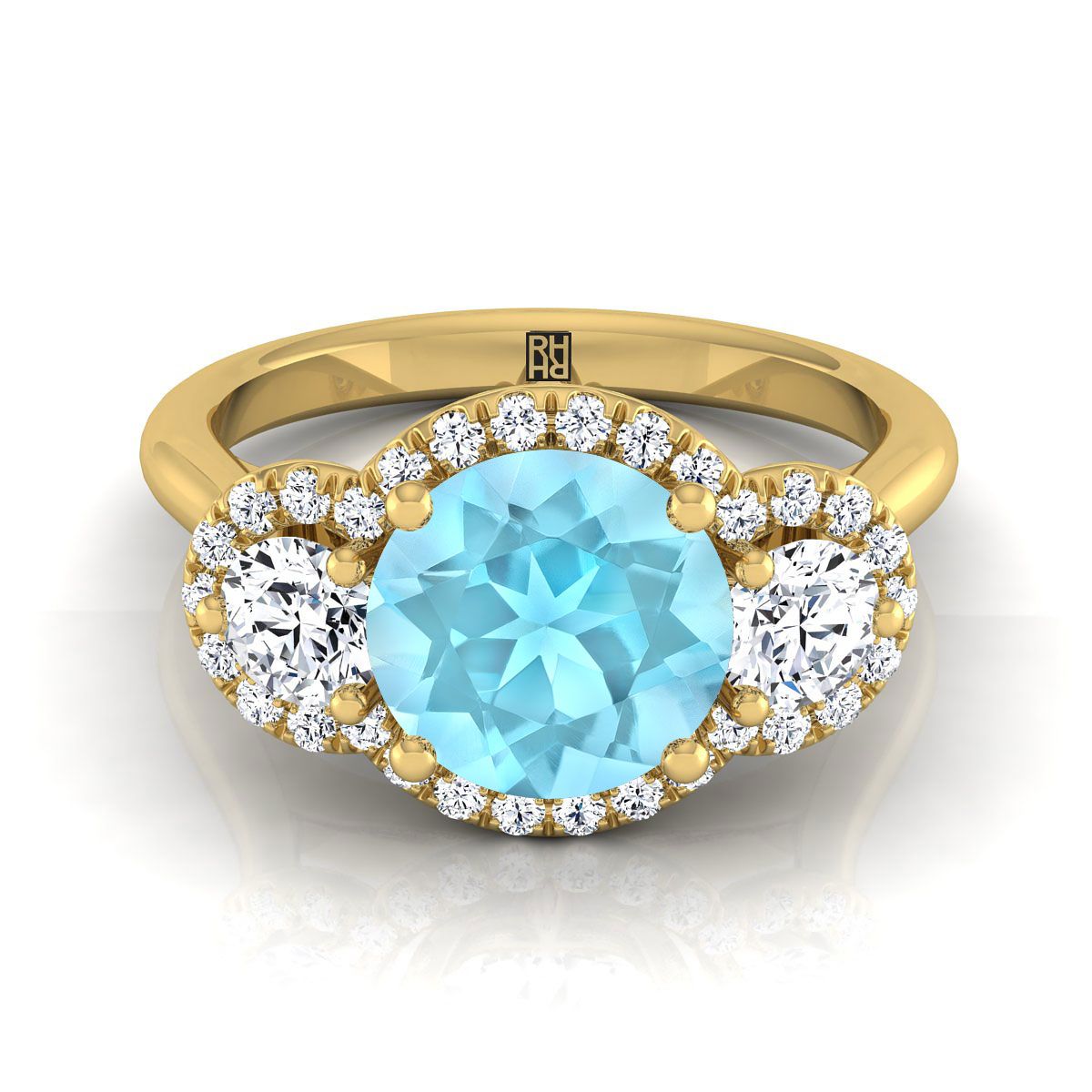 14K สีเหลืองทอง Round Brilliant Aquamarine French Pave เพชรสามแหวนหมั้น -1/2ctw