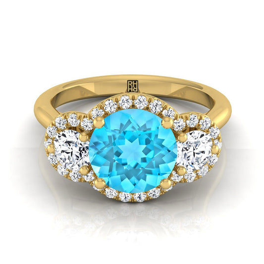 14K สีเหลืองทอง Round Brilliant Swiss Blue Topaz French Pave เพชรสามแหวนหมั้น -1/2ctw