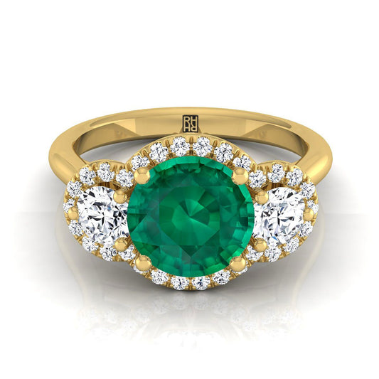 18K สีเหลืองทอง Round Brilliant Emerald French Pave เพชรสามแหวนหมั้น -1/2ctw