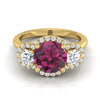 14K Yellow Gold Round Brilliant Garnet French Pave Diamond Three Stone Engagement Ring -1/2ctw