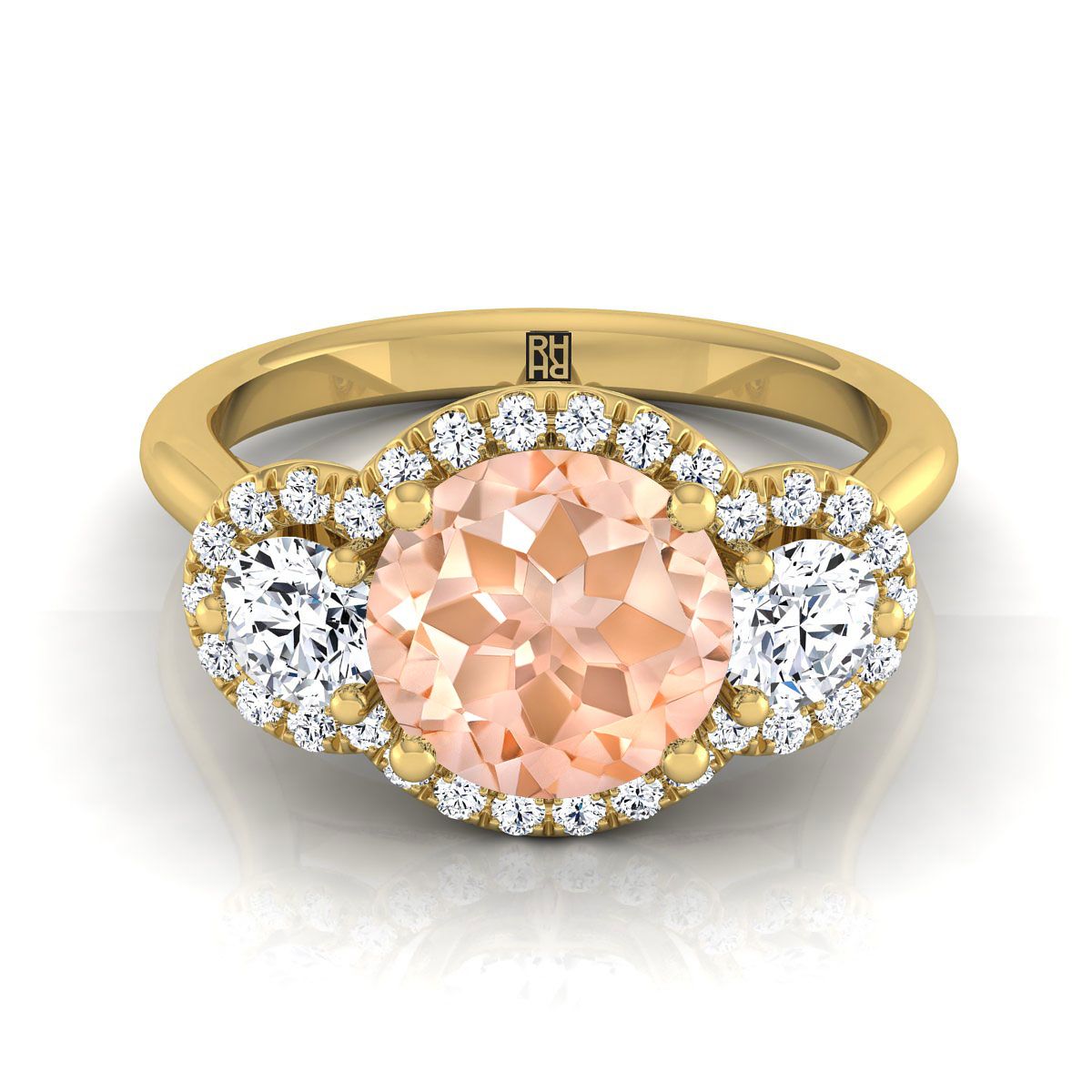 14K สีเหลืองทอง Round Brilliant Morganite French Pave เพชรสามแหวนหมั้น -1/2ctw