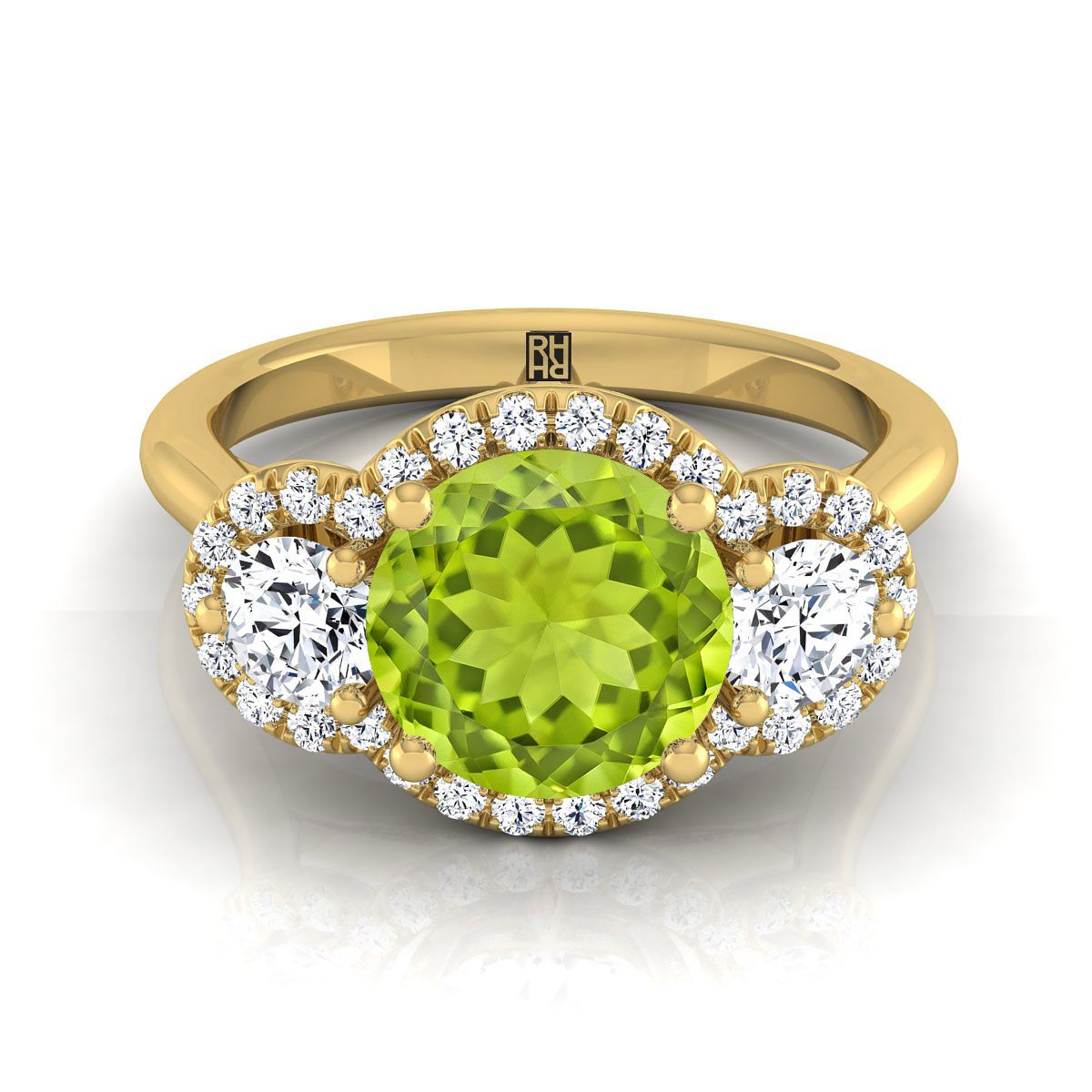 14K สีเหลืองทอง Round Brilliant Peridot French Pave เพชรสามแหวนหมั้น -1/2ctw