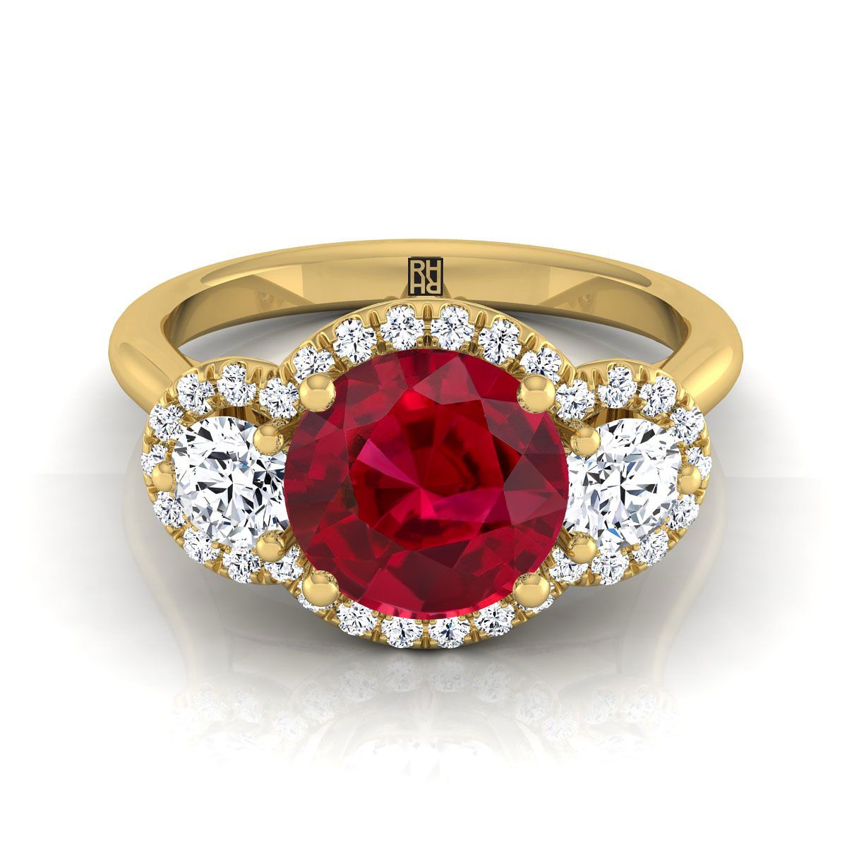 18K สีเหลืองทอง Round Brilliant Ruby French Pave เพชรสามแหวนหมั้น -1/2ctw