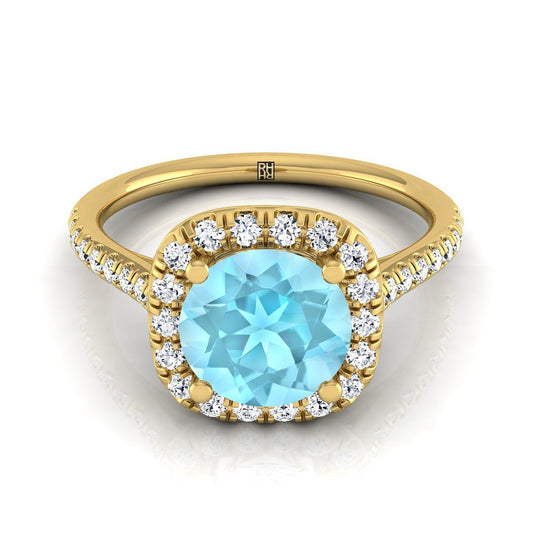 14K Yellow Gold Round Brilliant Aquamarine Simple Prong Set Halo Engagement Ring -1/3ctw