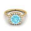 14K Yellow Gold Round Brilliant Aquamarine Simple Prong Set Halo Engagement Ring -1/3ctw