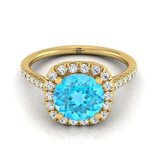 14K สีเหลืองทอง Round Brilliant Swiss Blue Topaz Simple Prong Set Halo แหวนหมั้น -1/3ctw