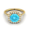 18K สีเหลืองทอง Round Brilliant Swiss Blue Topaz Simple Prong Set Halo แหวนหมั้น -1/3ctw