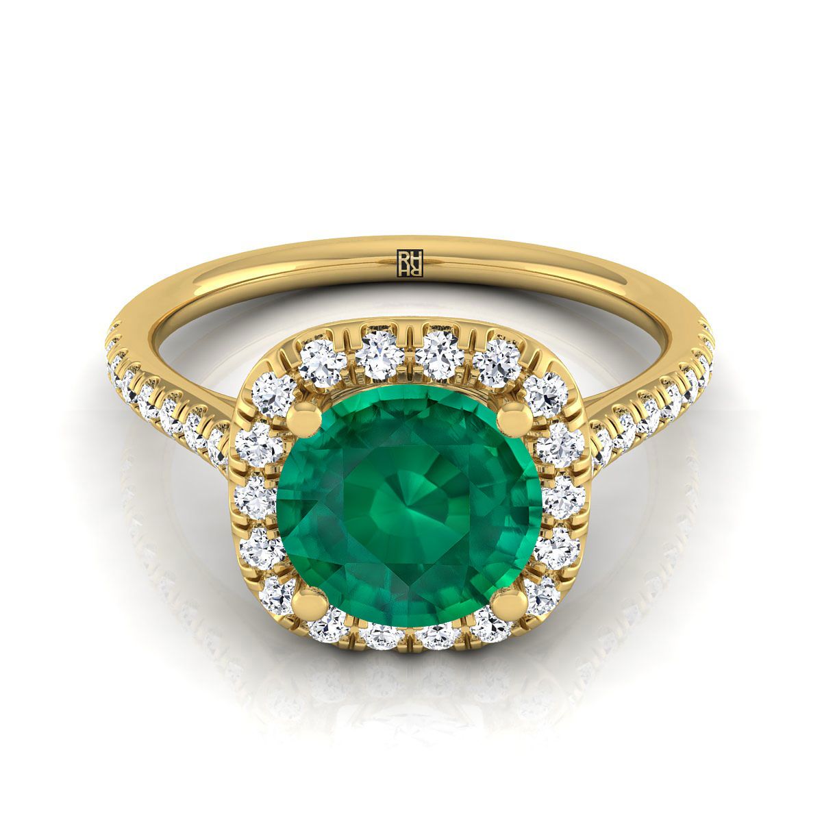 14K Yellow Gold Round Brilliant Emerald Simple Prong Set Halo Engagement Ring -1/3ctw