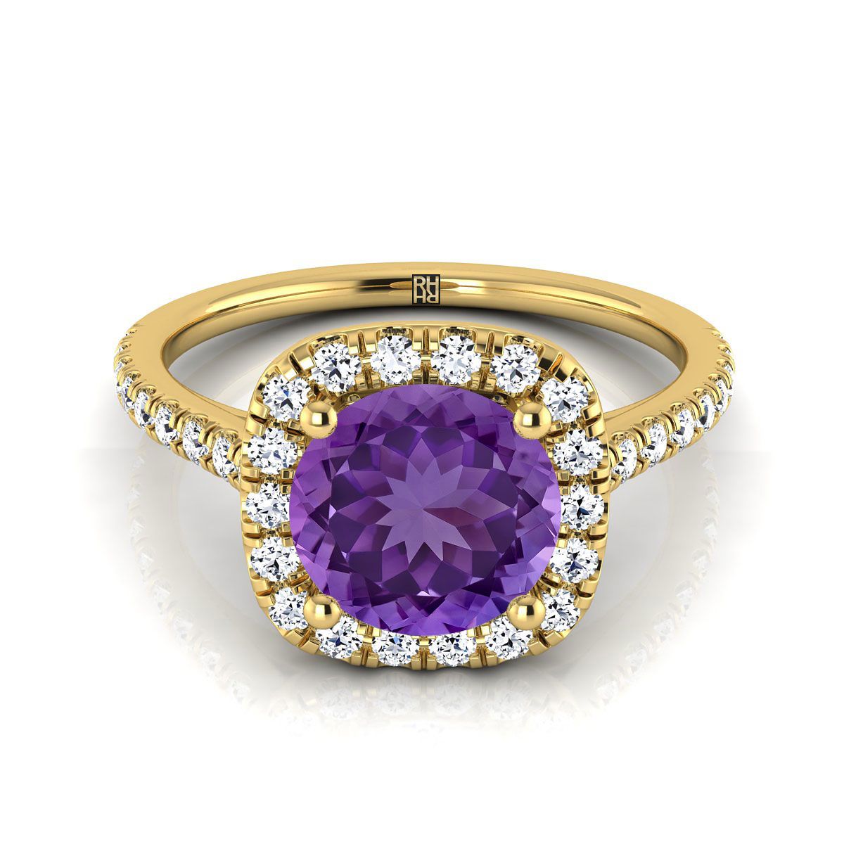 14K Yellow Gold Round Brilliant Amethyst Halo Diamond Pave Engagement Ring -1/3ctw. (แหวนหมั้นเพชร)