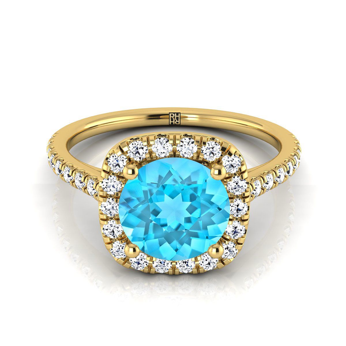 18K Yellow Gold Round Brilliant Swiss Blue Topaz Halo Diamond Pave Engagement Ring -1/3ctw